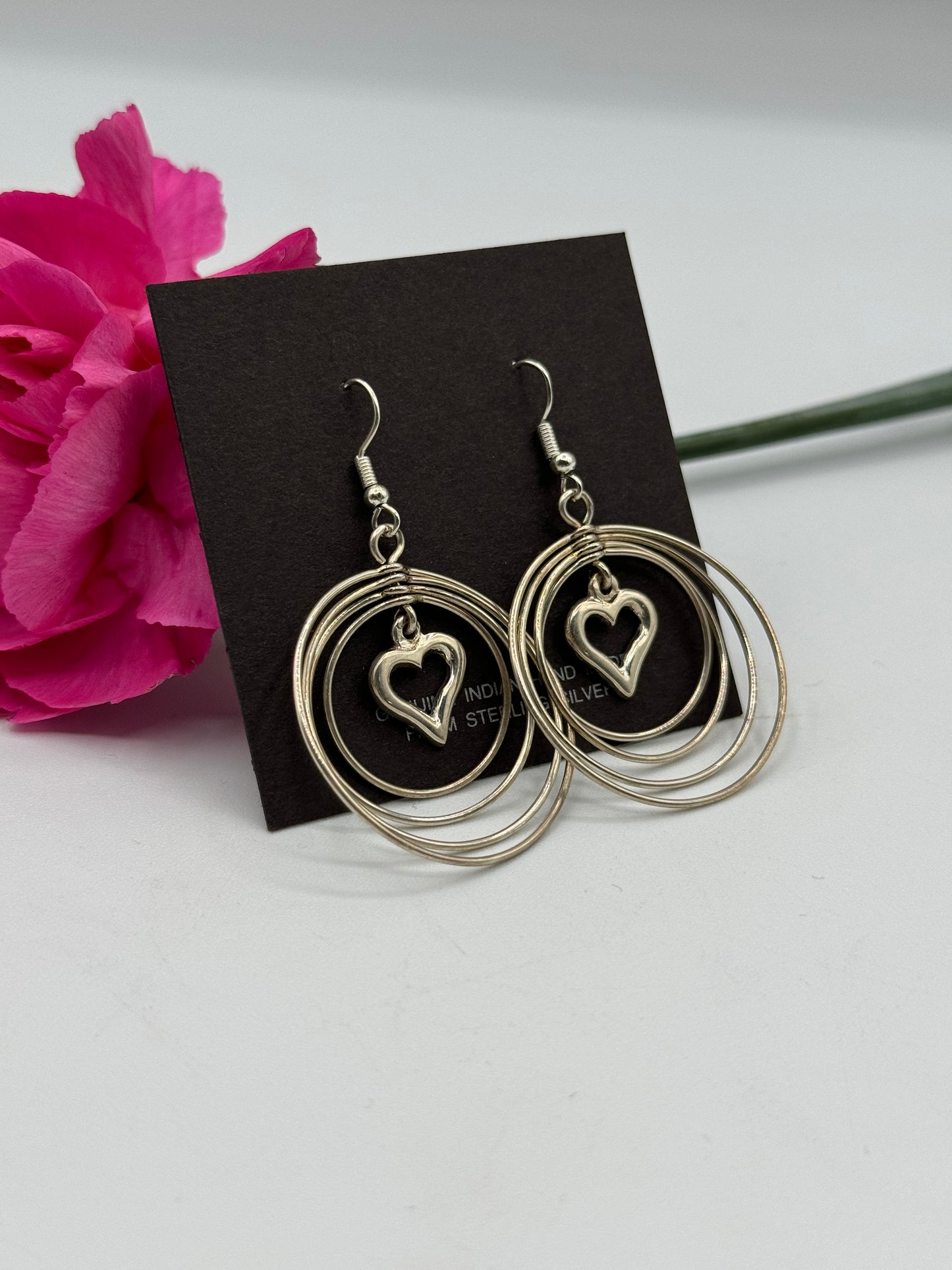 Silver Heart Hoop Dangle Earrings