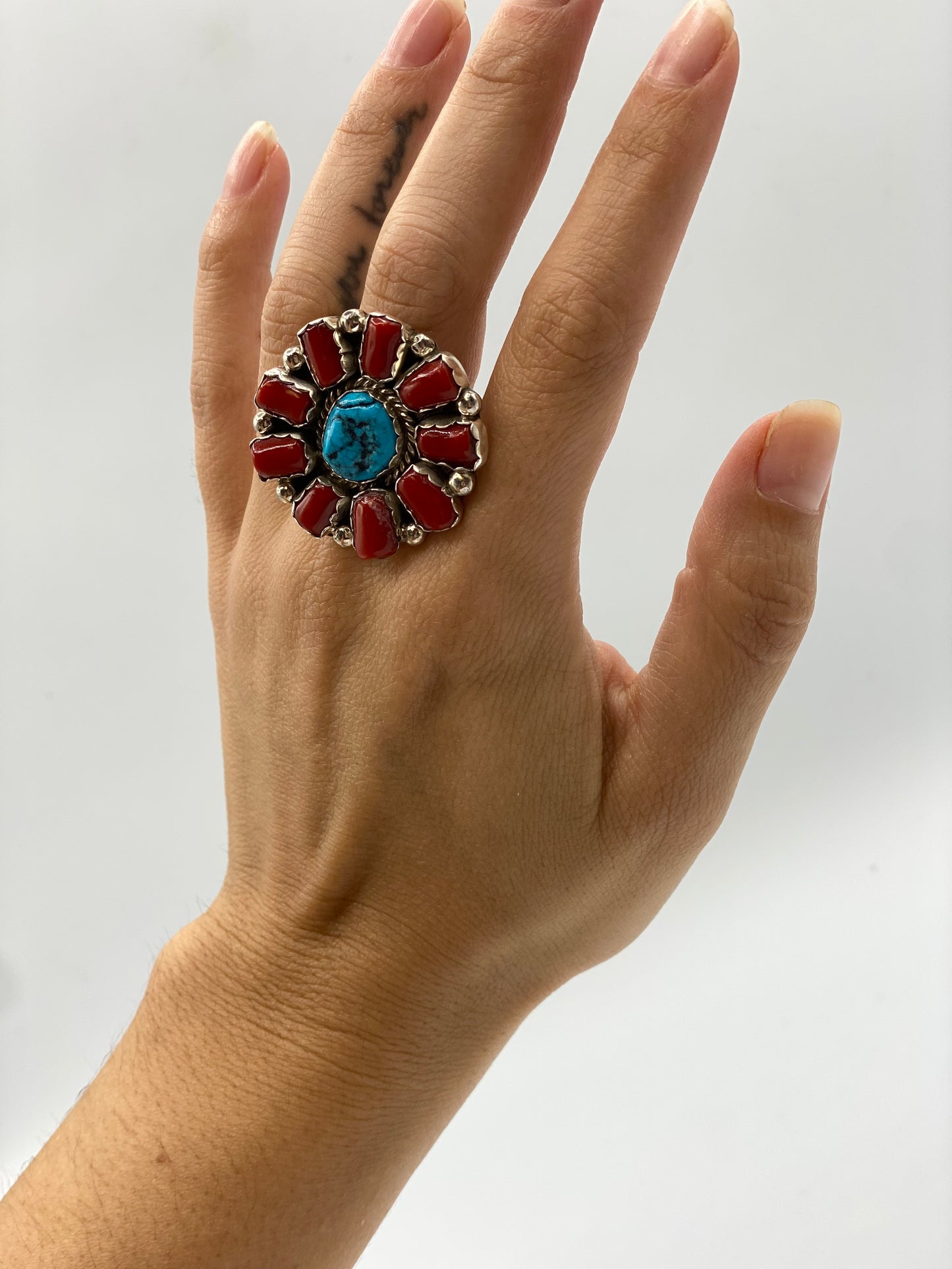 Chunky Coral and Sleeping Beauty Cluster Ring