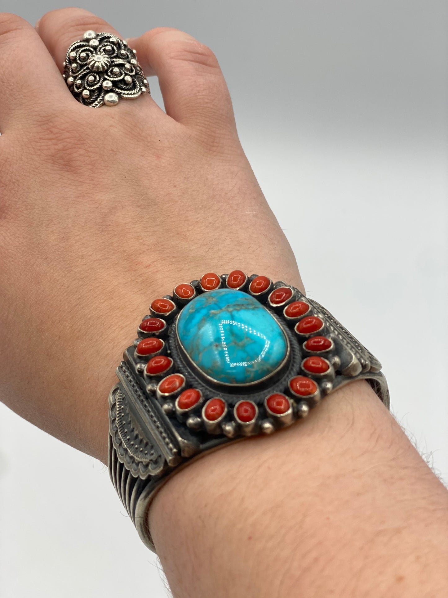 Heavy Kingman and Coral Cluster Bracelet